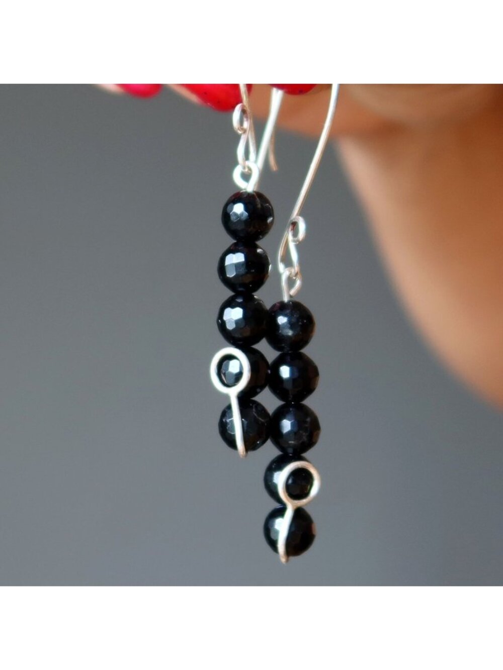 Black Tourmaline Earrings Glisten Sterling Silver Long Dangle Protection Crystal